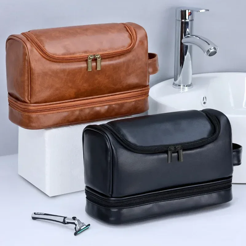 nouvelle trousse de maquillage suspendue 2026, grande capacité, en cuir pu, trousse de toilette double couche, trousse de cosmétiques pour hommes, organisateur d'essentiels de voyage