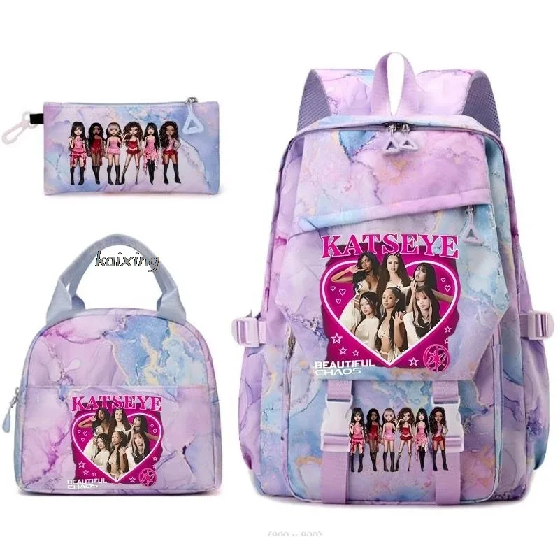 nouveaux sacs à dos katseye à imprimé amusant, 3 pièces/ensemble, sac d'école pour étudiants, sac de voyage pour adolescents, filles et garçons, sacs à lunch, sac à dos