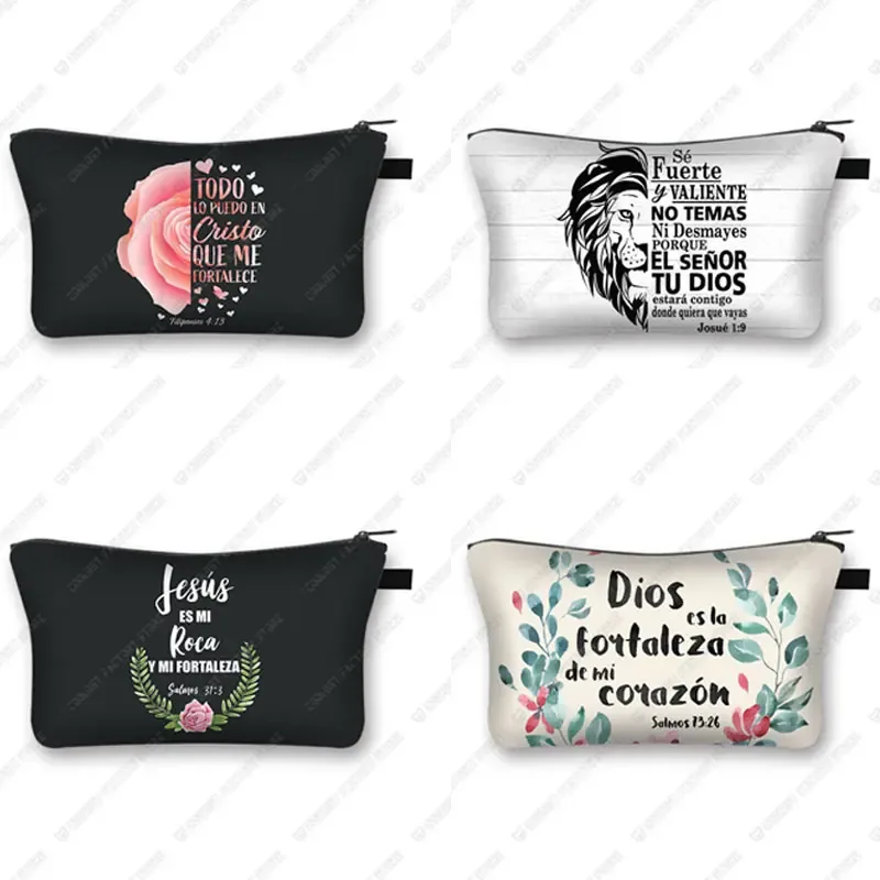 trousse à cosmétiques avec verset de la bible chrétienne en espagnol, trousse de maquillage, trousse de beauté, trousse de toilette