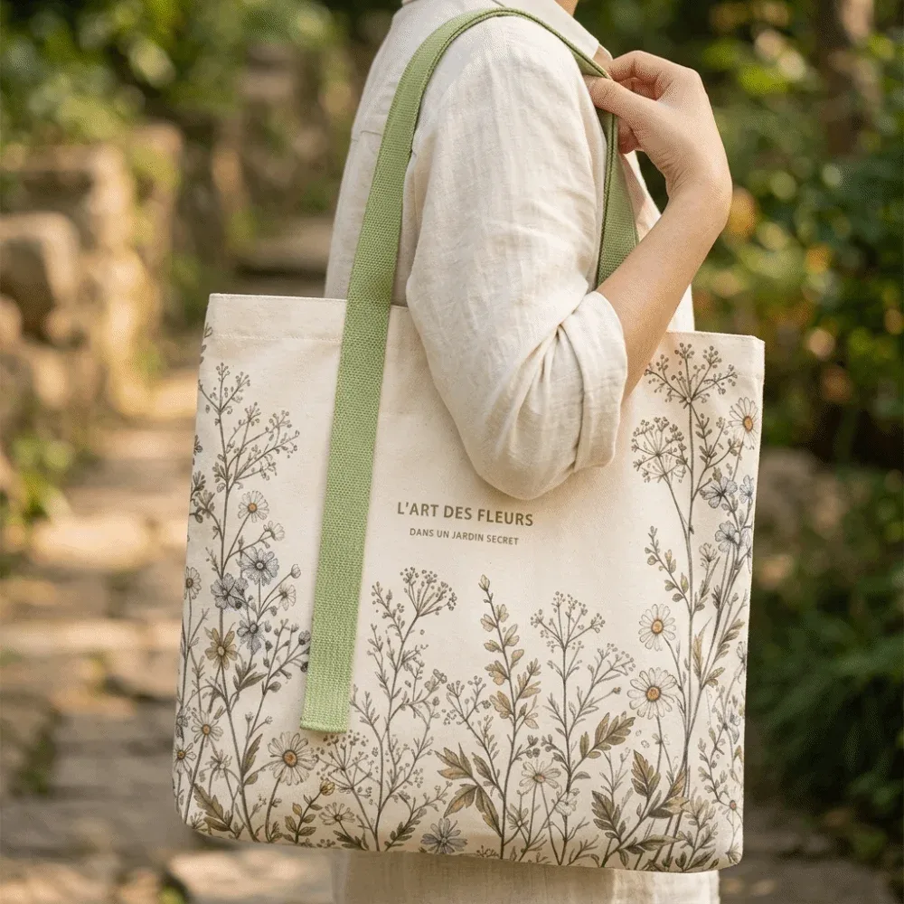 nouveau sac fourre-tout en toile de coton, durable et léger, imprimé marguerites vertes, idéal pour les voyages et le shopping.