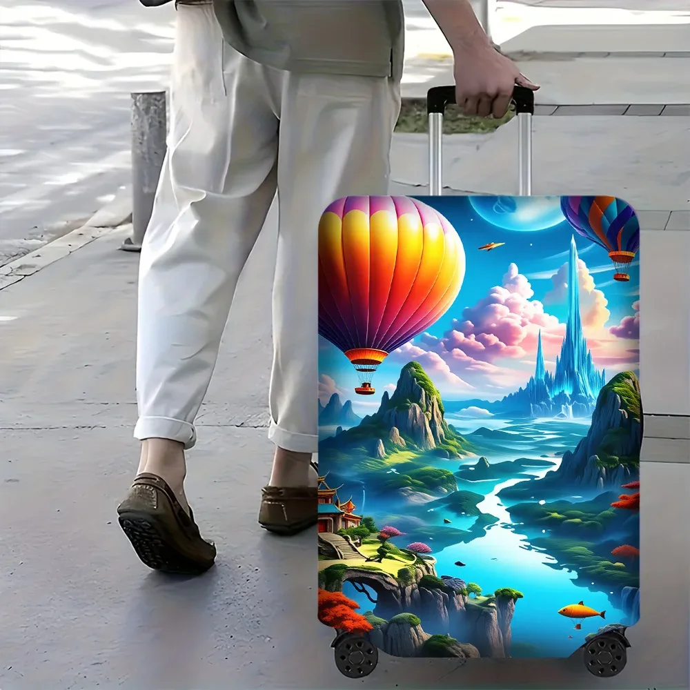 housse valise polyester motif montgolfières nuages roses lune paysage nuit protection voyage noir bleu gris