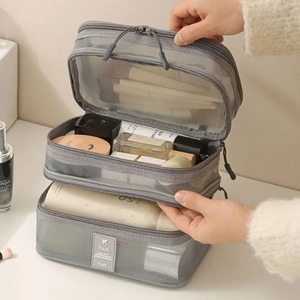 sacs cosmétiques en maille à fermeture éclair, transparents, grande capacité, sac de rangement double couche, organisateur multifonctionnel pour articles de toilette portables