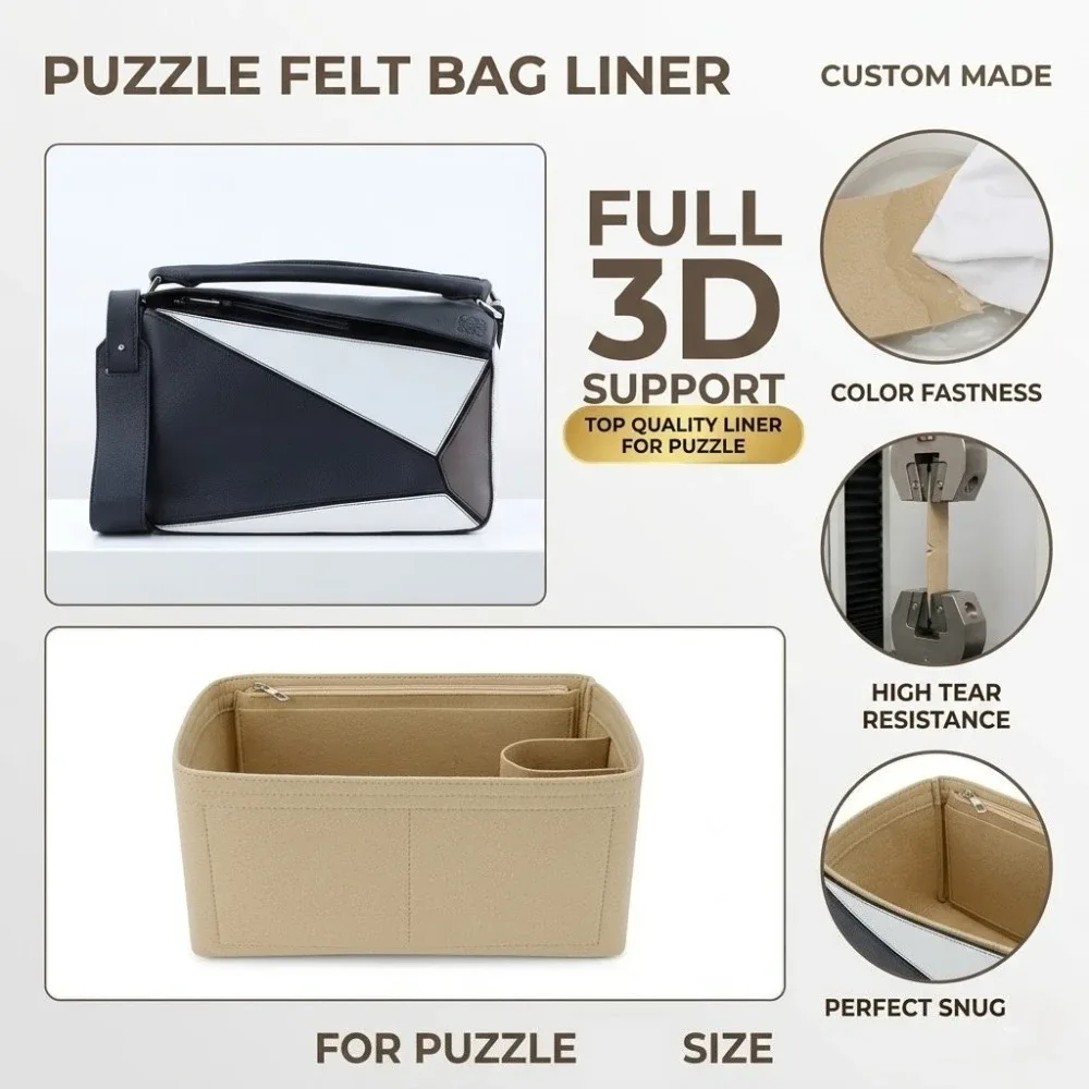 organisateur de sac à main en feutre avec fermeture éclair, multi-poches, compatible avec les sacs à main loewe puzzle small medium
