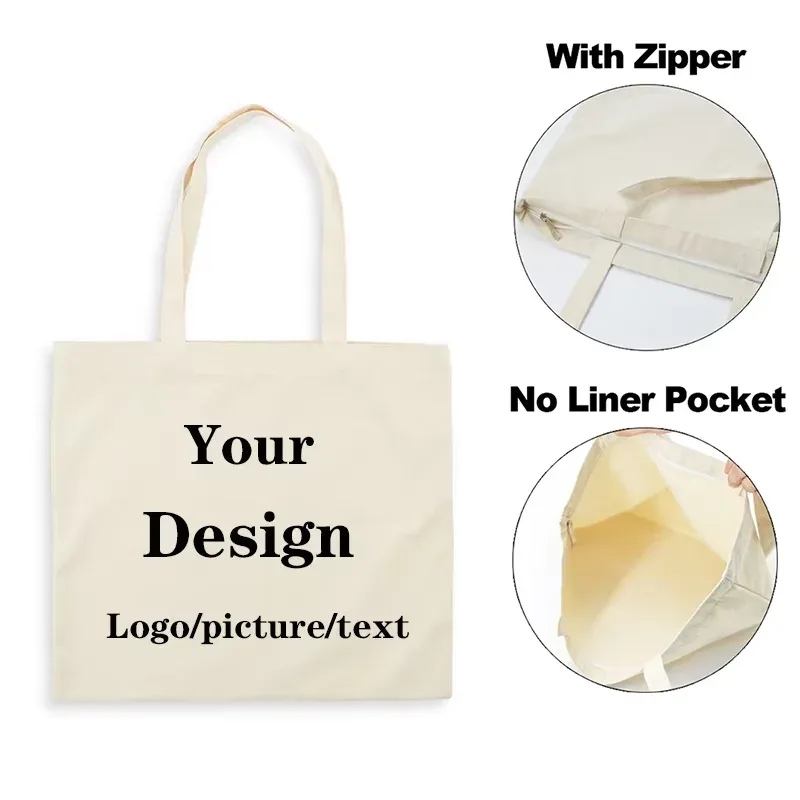 sac fourre-tout personnalisé ajoutez votre texte/logo/image sacs à provisions de conception originale sac à main avec fermeture éclair sacs en toile de mode pour femmes