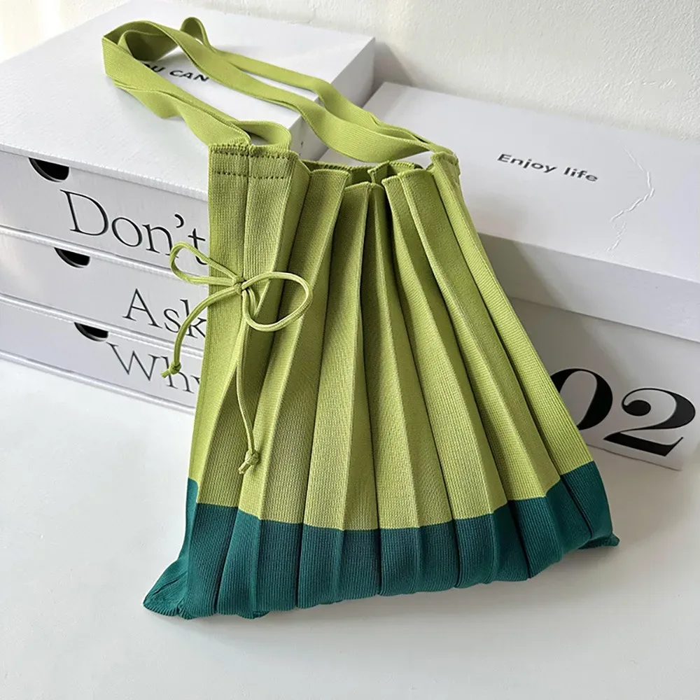 sac à main pliable en tricot, sac de shopping de grande capacité, pochette à bandoulière, sac écologique pliable, sac plissé de couleur contrastée, sac de voyage