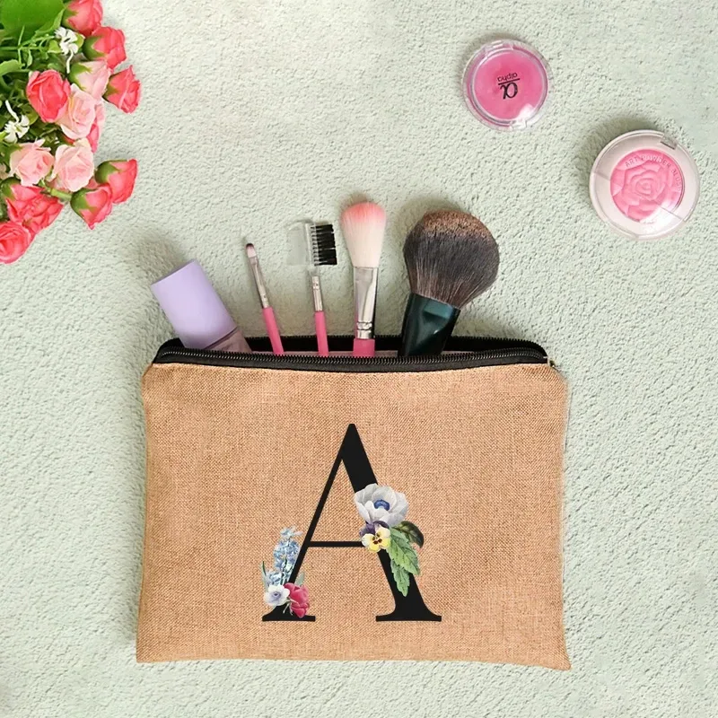 pochette en lin à fermeture éclair pour femmes, imprimé de lettres florales, étui de rangement de voyage, sac à cosmétiques, trousse de maquillage, sacs de maquillage de demoiselle d'honneur