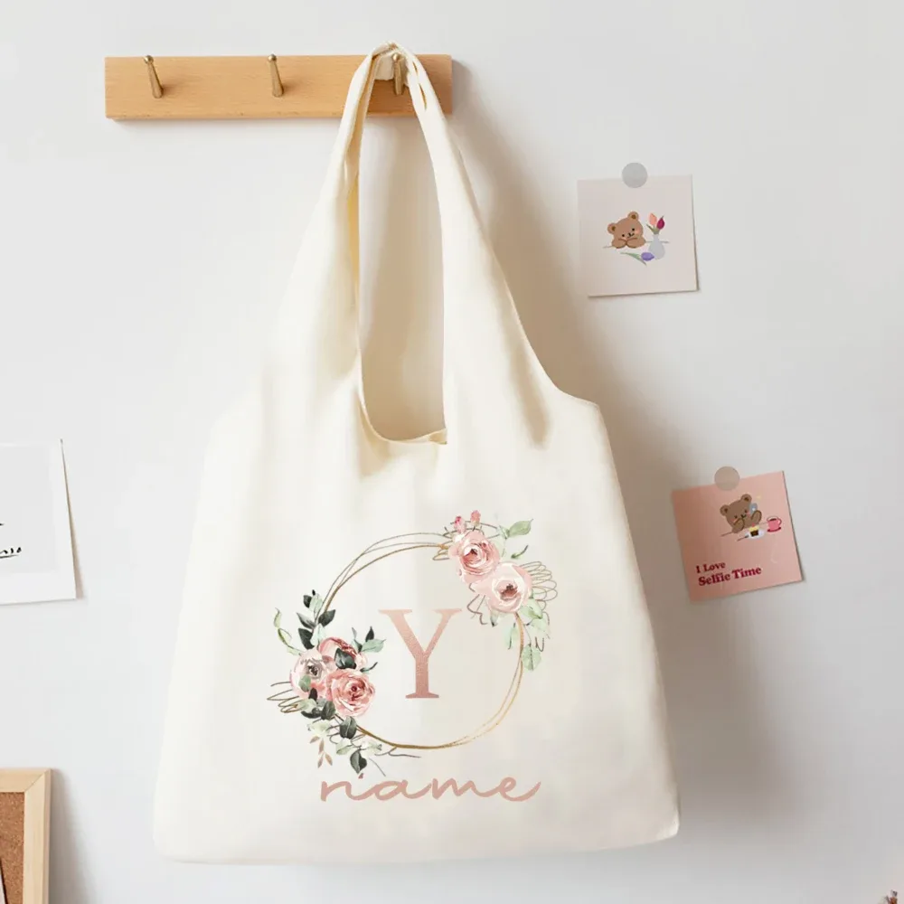 sac fourre-tout imprimé alphabet floral avec nom personnalisé, sacs à main portables en toile de grande capacité, meilleurs cadeaux d'anniversaire de noël