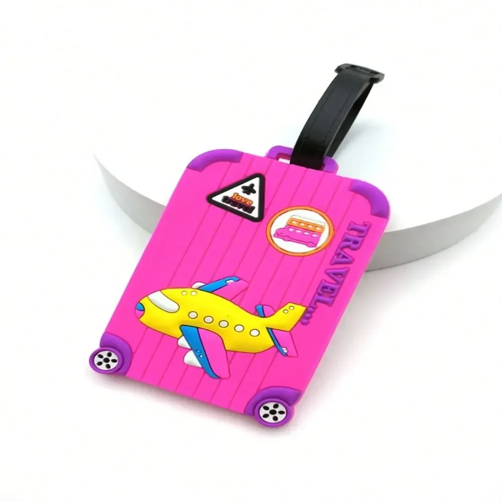 Étiquettes de bagages portables en PVC, étiquettes de bagages en silicone souple avec dessin animé d'avion, fournitures de voyage, étiquettes d'identification et d'adresse pour valises