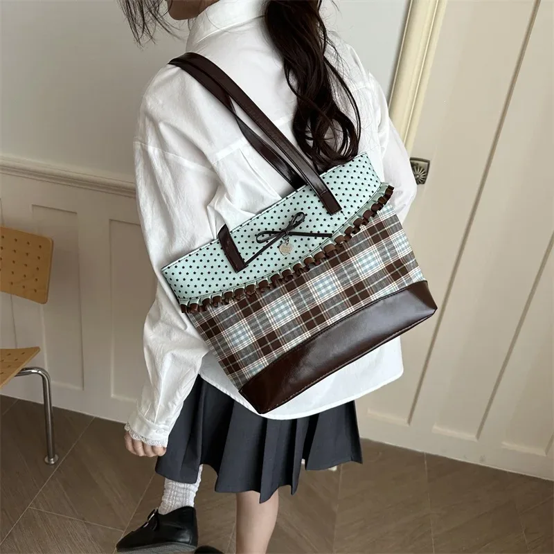 sac fourre-tout vintage à pois et à carreaux grande capacité pour écolière, sac à bandoulière polyvalent simple et haut de gamme