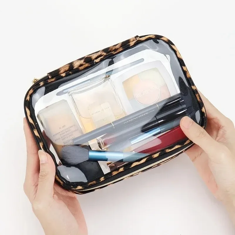 organisateur de cosmétiques de voyage étanche de grande capacité avec fermeture éclair, trousse de maquillage cosmétique léopard, trousse de maquillage transparente imprimée léopard 2025