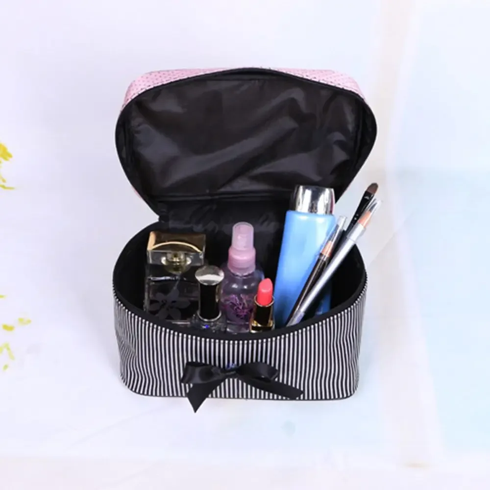 sac à cosmétiques portable mignon à rayures avec nœud, organiseur de lavage, sacs à maquillage, sac à main pour femmes et filles