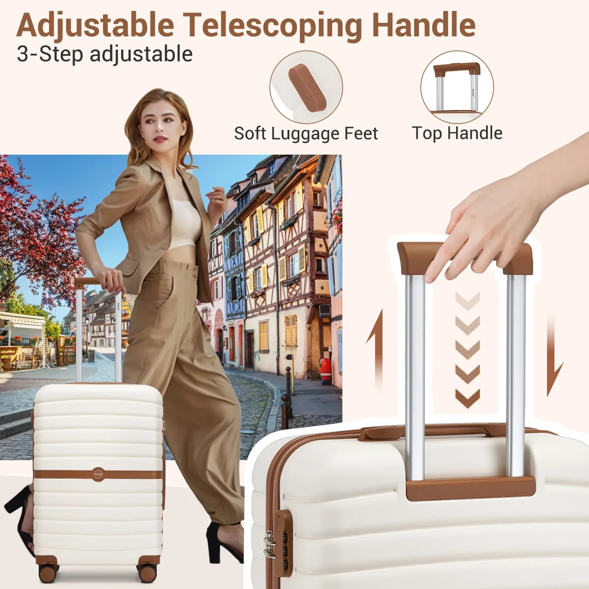 bagages rigides kono, disponibles en 20/24/28 pouces, valise légère en abs avec serrure à combinaison à 3 chiffres, silencieuse 360 ° valise de voyage à roulettes pivotantes, poignée télescopique, bagage à main