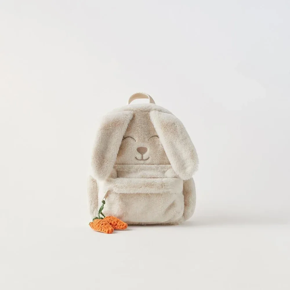 sac à dos en peluche beige personnalisé pour femme et enfant, carotte mignonne, lapin face ear, sac cadeau brodé avec nom