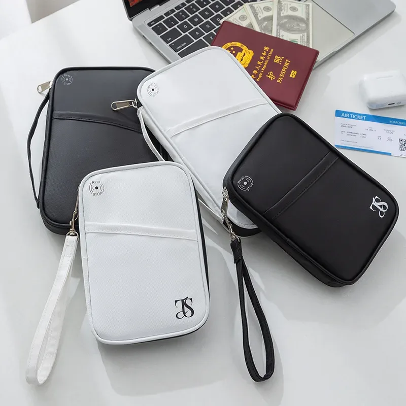 organisateur de documents de voyage avec blocage rfid, organiseur de documents multi-emplacements avec fermeture éclair, étui pour cartes de crédit en cuir pu pour hommes et femmes