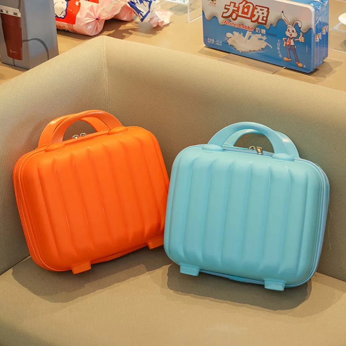 valise à cosmétiques citrouille pp de 14 pouces, valise à fermeture éclair sans mot de passe, étui de voyage de rangement pour souvenirs de mariage de couleur unie