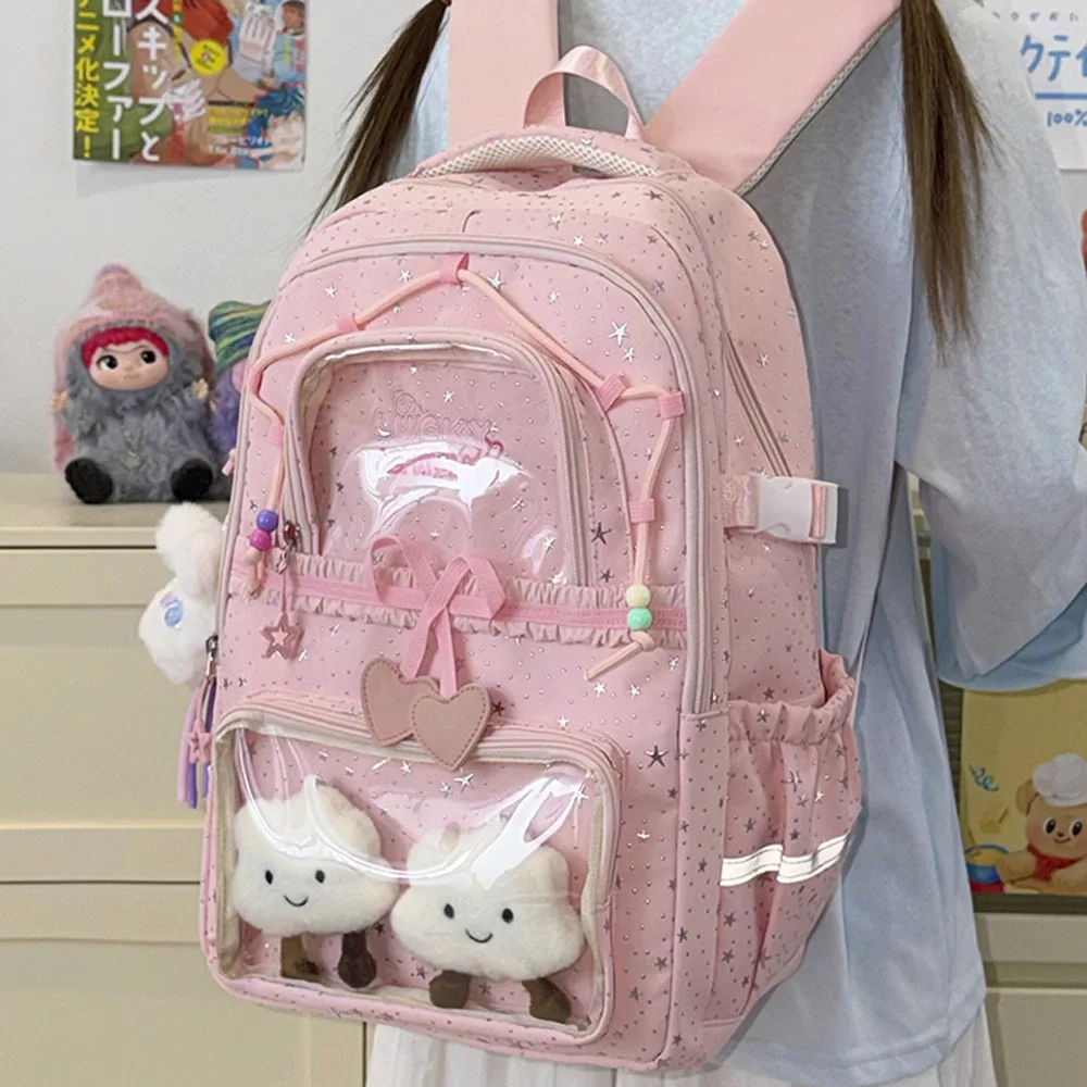 sac à dos pour femmes, sac de voyage multi-poches, joli sac d'école à rayures réfléchissantes avec nœud et étoiles pour adolescentes, sac à livres