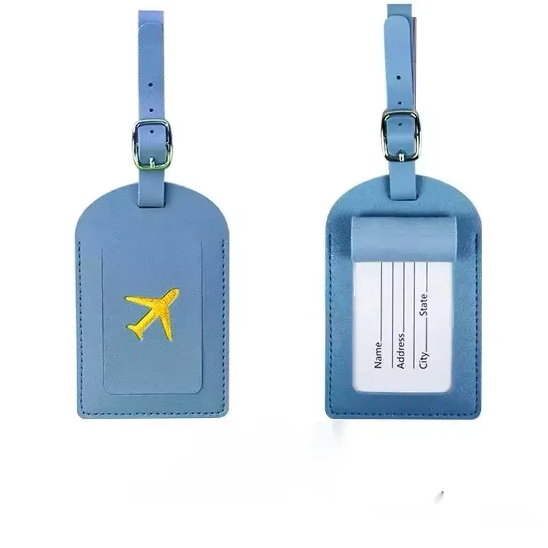 étiquette bagage cuir rectangulaire poignée bleu noir marron rouge gris vert jaune blanc voyage identification nom adresse numéro téléphone email