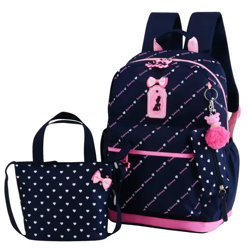 sac dos polyester point rose cœurs rouges bleus nœuds noirs pochette crayon sacs école filles voyage