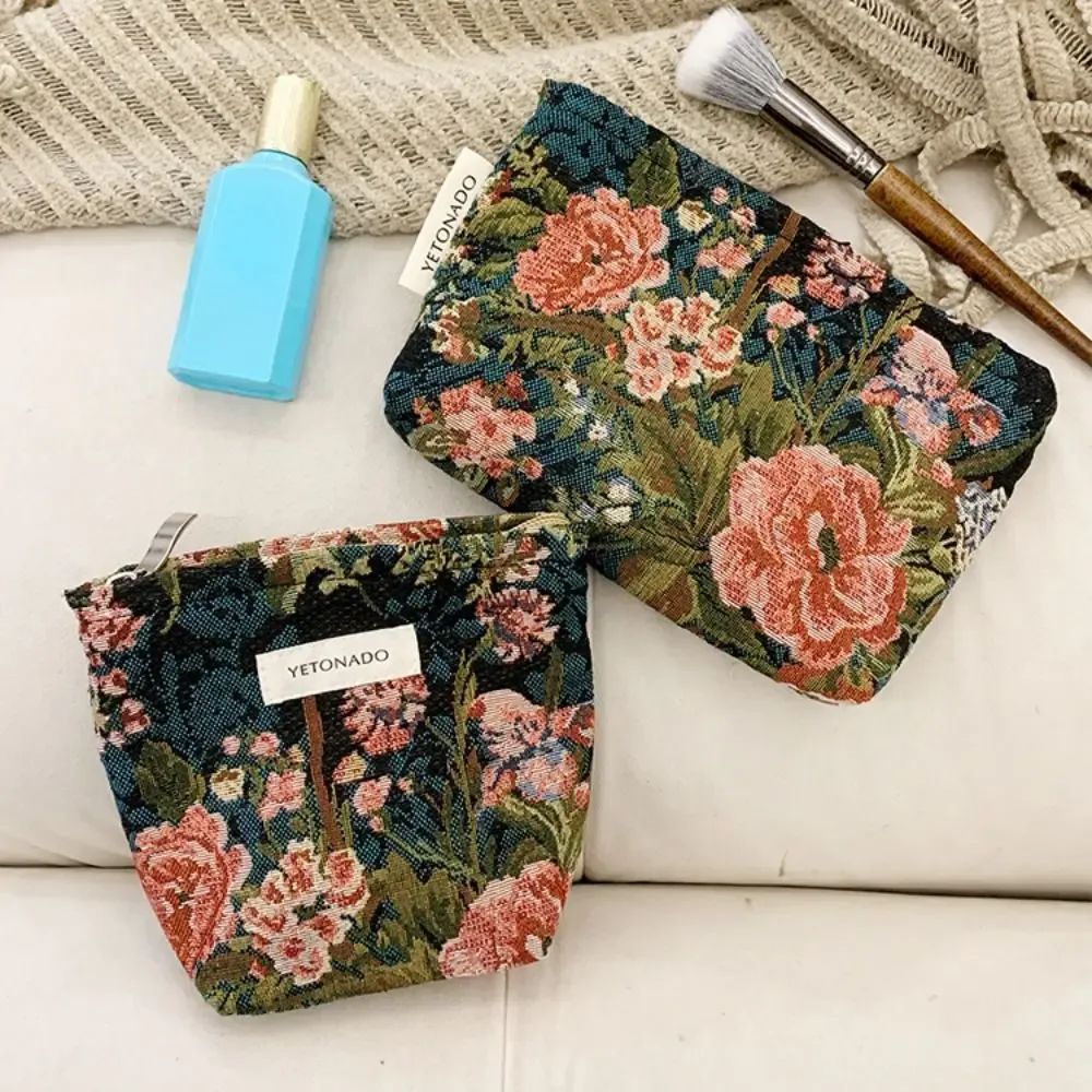 pochette en toile de polyester à motif floral, grande capacité, pochette de rangement pour cosmétiques, fermeture éclair portable, trousse de maquillage