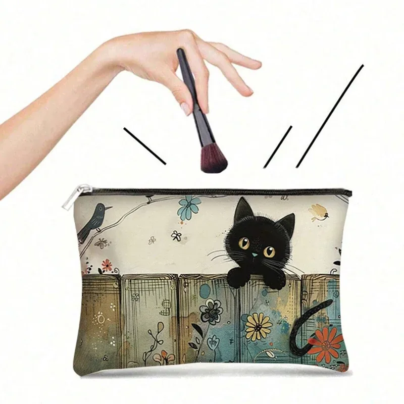 pochette à fermeture éclair florale chat noir, durable et résistante à la décoloration, pour maquillage, sac cosmétique de voyage pour femme, idéal comme cadeau