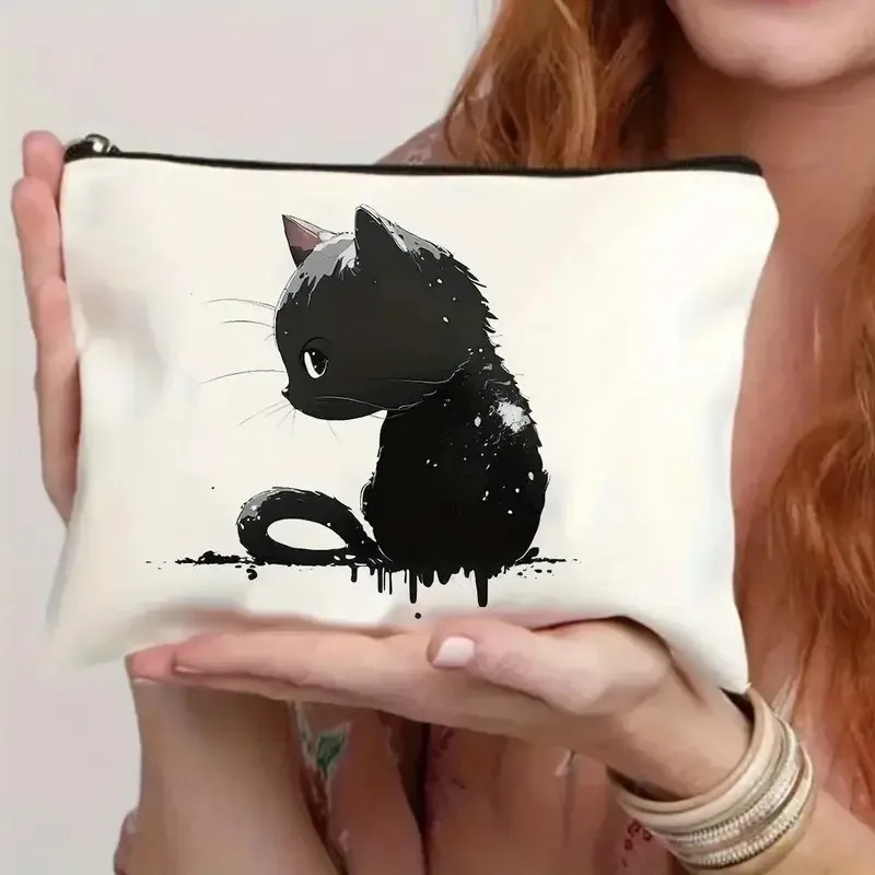 chat, fraise fille, motif d'amitié, sac de voyage, sac à fermeture éclair en polyester imperméable, cosmétiques, accessoires