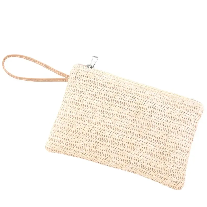 pochette brodée bohème en paille, portable avec fermeture éclair et dragonne, sac de rangement polyvalent pour demoiselle d'honneur, maquillage et vacances à la plage