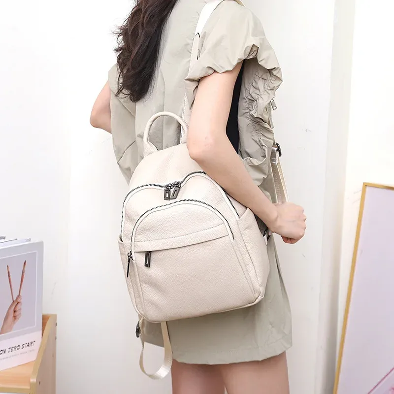 petit sac à dos en cuir de vachette véritable antivol pour dames, sac de voyage lancé, sac à dos décontracté, motif solide, sac à dos en cuir véritable
