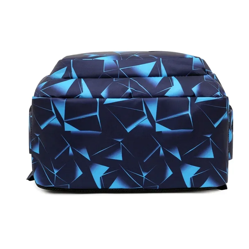sac dos nylon noir motif géométrique bleu blanc poches lateral zipper usage école voyage
