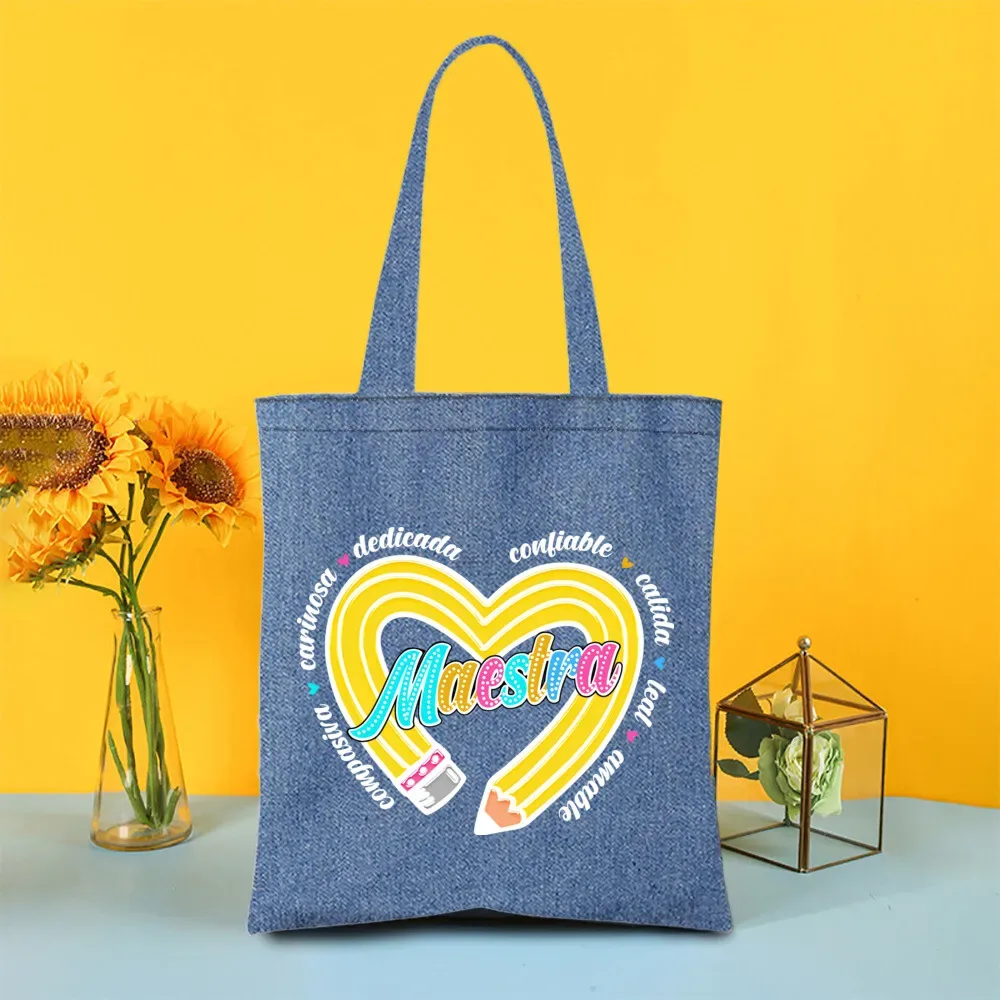 sac fourre-tout en denim peint pour enseignant arc-en-ciel, sacs de shopping pour femmes, sacs à main de voyage, fourre-tout pour la journée des enseignants, cadeaux de remerciement pour les enseignants