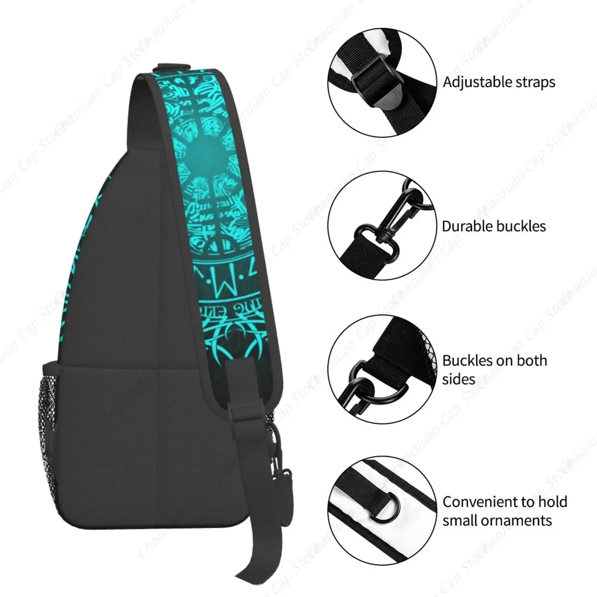 sac dos polyester motif ethnique bleu clair fond noir symboles lettrages stylisés poche principlale avant bandoulière fixation ajustable voyage sport trapézoïdale