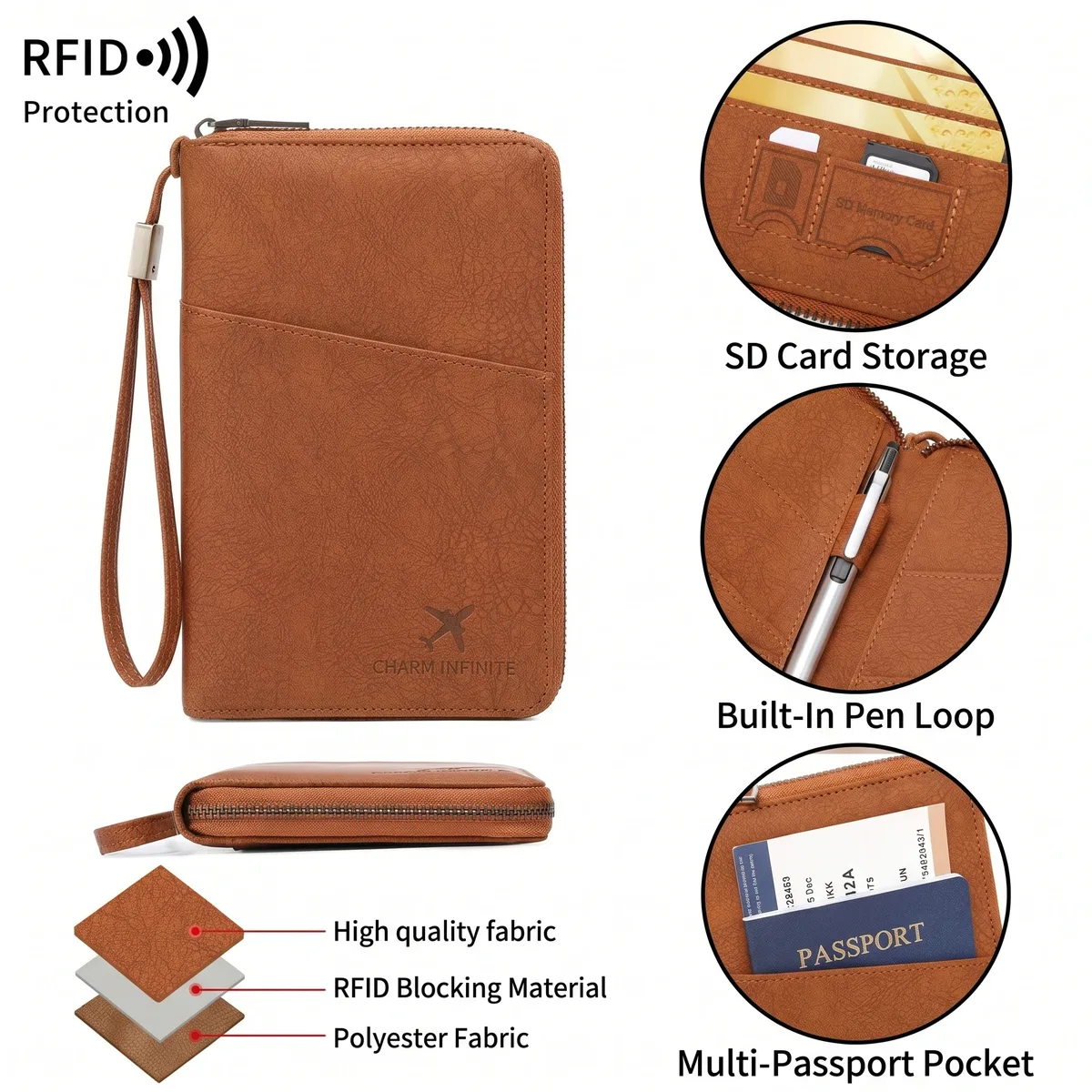 portefeuille de voyage multifonctionnel anti-rfid avec fermeture éclair, porte-documents, dragonne et organisateur de cartes et billets pour plusieurs passeports