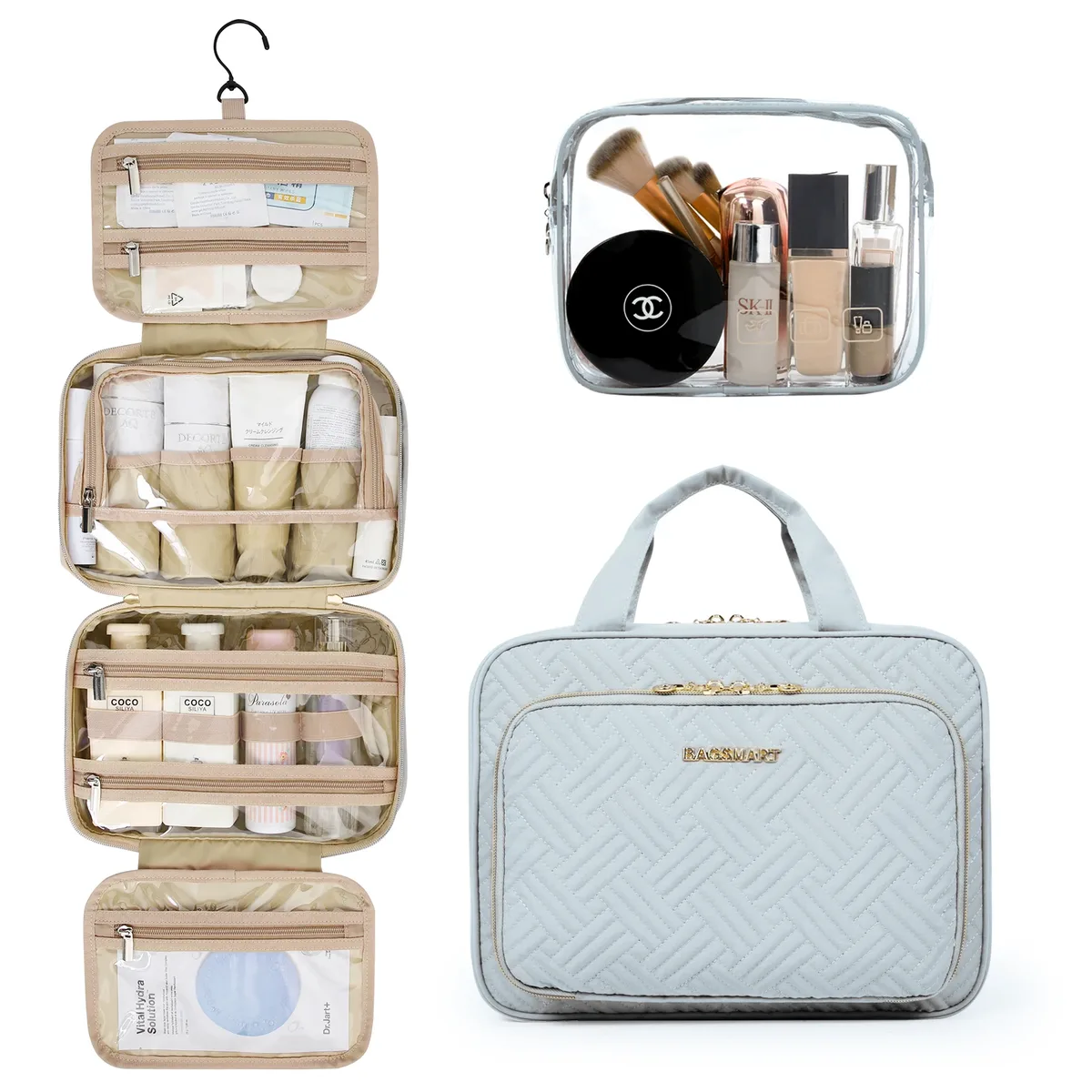 trousse toilette pvc turquoise géométrique bandes dorées poignée amovible compartiments zips voyage cosmétiques maquillage