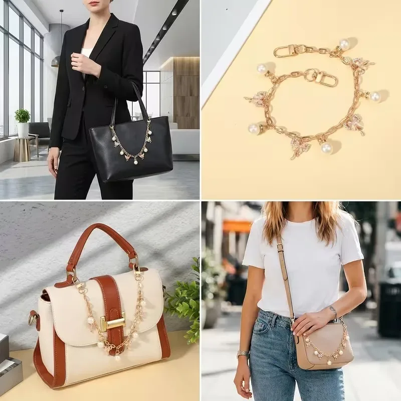 chaîne de sac à main tendance avec pendentif champignon doré et perle pour sacs fourre-tout, sacs à bandoulière et sacs à main pour femmes