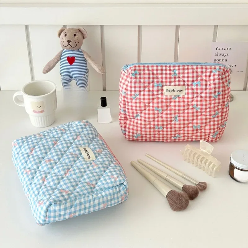 trousse de maquillage en coton avec nœud mignon pour femmes, organisateur de cosmétiques à fermeture éclair, boîte en tissu en forme de trousse de toilette portable pour filles