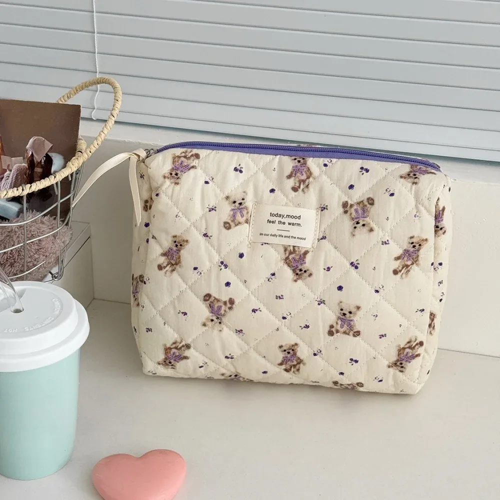 sac de maquillage ours de dessin animé pour femmes, grande capacité, mignon organisateur de voyage, pochette matelassée, sac à main de rangement de toilette pour dames