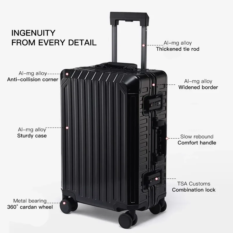 valise à roulettes en aluminium de 20 "24" 28 "pouces, sac à bagages de cabine métallique étanche avec roulettes