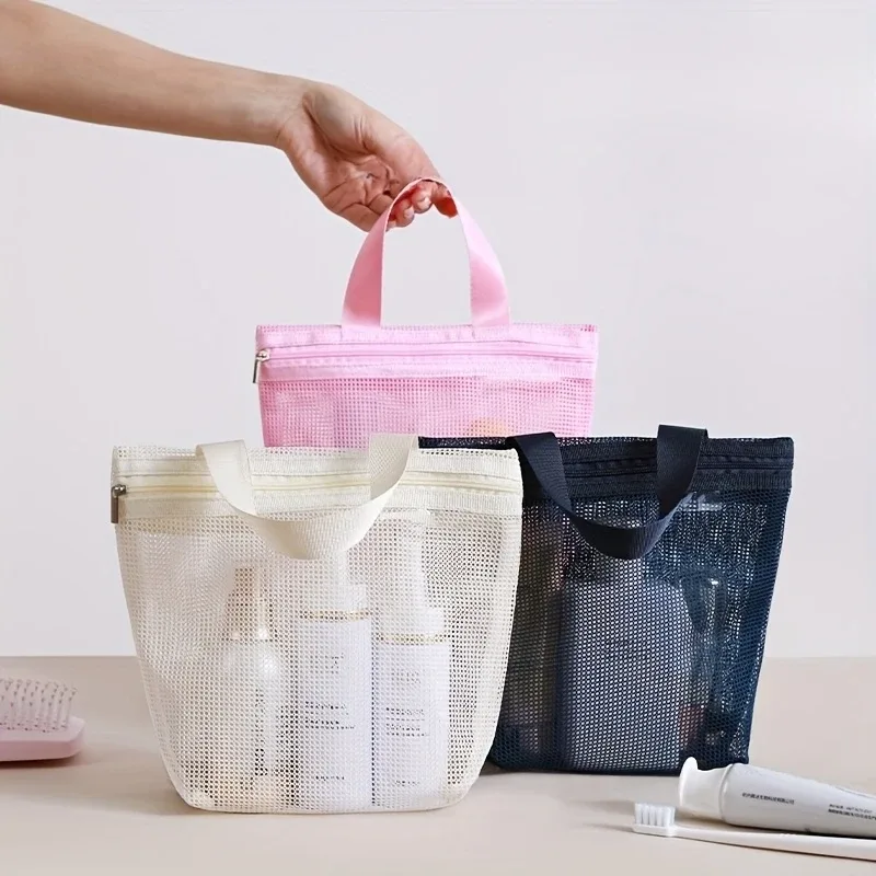 sac de rangement en maille portable pour sacs à main, design ajouré pour le bain, l'égouttage, les articles de toilette, les voyages, la natation, le maquillage.
