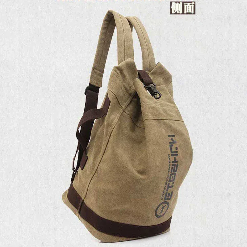 sac dos toile beige bandes marron imprimé lettres noires ouverture large format trapézoïdal capacité litres usage voyage