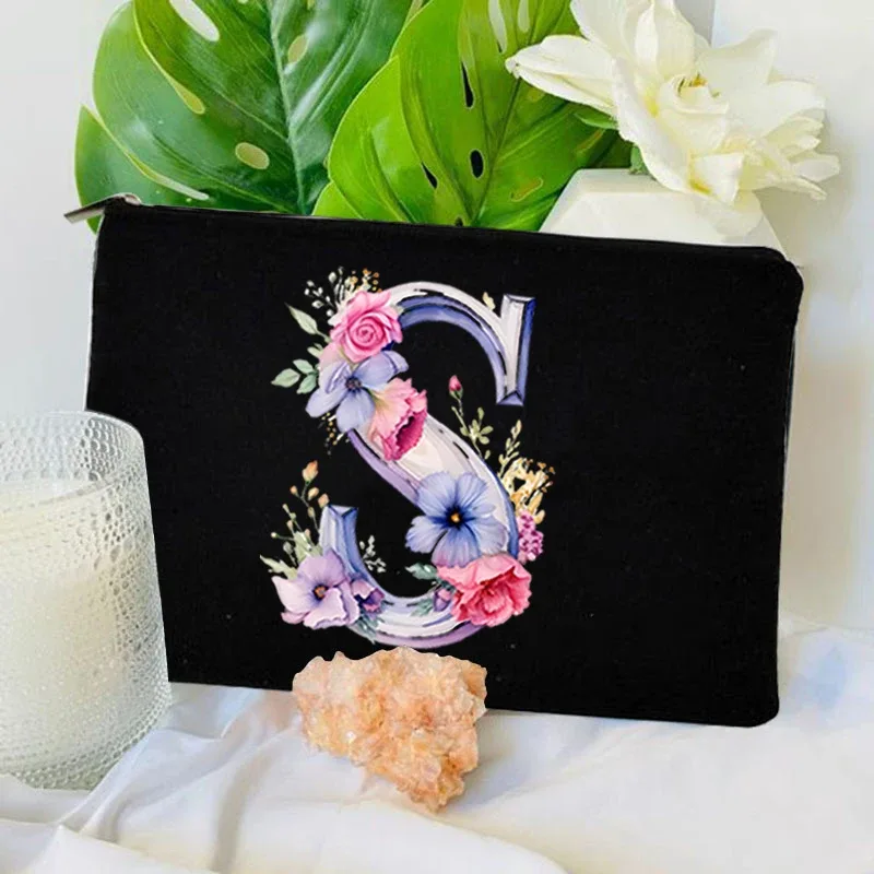 trousse toilette toile noire initiale fleurs maquillage femmes voyage sac cosmétiques intérieur uni poignée glissière