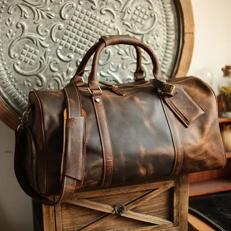 sac de voyage pour hommes en cuir de vache crazy horse, fait à la main, sac de sport pour le week-end, sac à main de grande capacité en cuir véritable