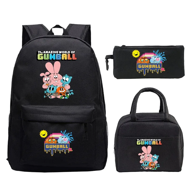 sac à dos the amazing world of gumball pour garçons et filles, cartable pour ordinateur portable, sac à dos pour étudiants, mochila de voyage confortable, 3 pièces/ensemble