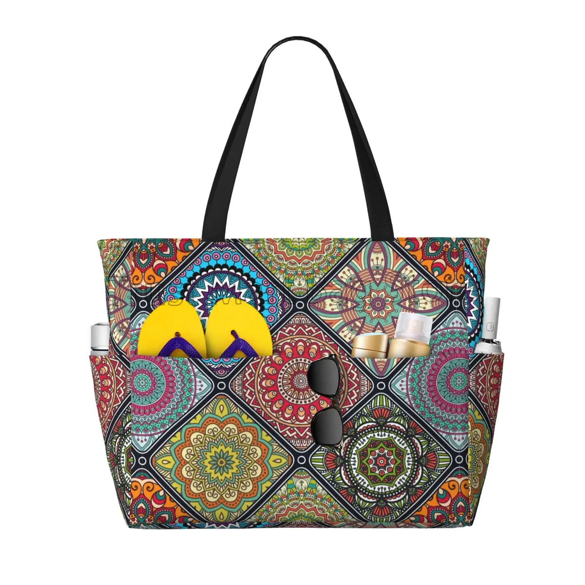 fourre-tout ethnique à fleurs de mandala pour femme, sac de plage, sac de piscine, extra large, sac de sport, sac de transport pour week-end, voyage, étanche
