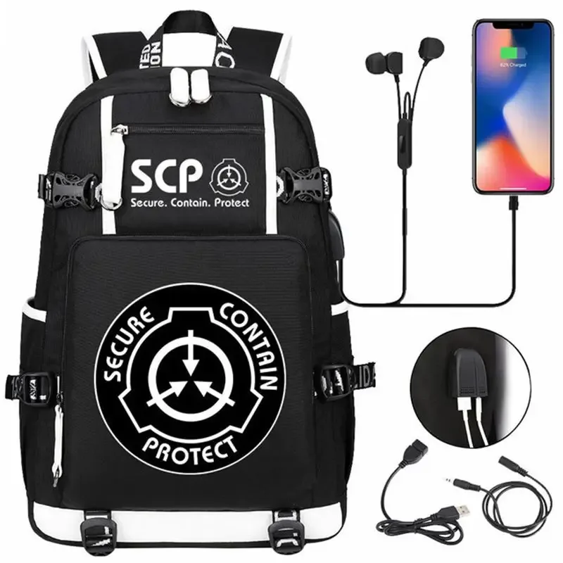 sac à dos scp foundation cartable noir, sacs d'école de dessin animé pour enfants adolescents, sac à dos de voyage scp, sacs initiés par ordinateur portable usb