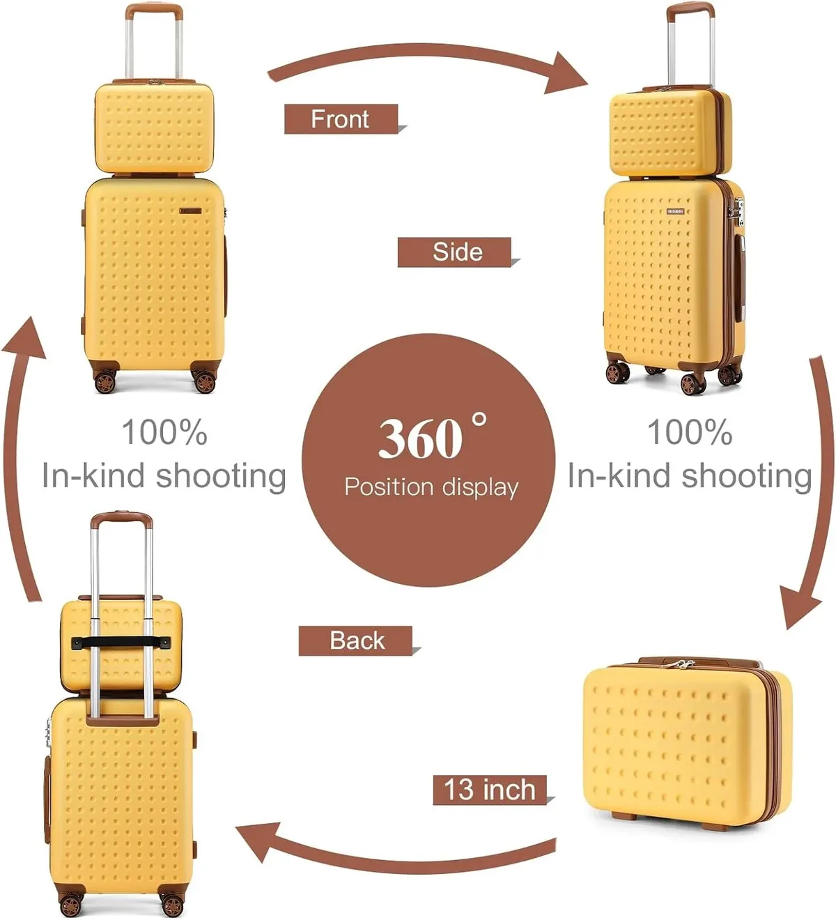 kono ensemble valises rigides 13 pouces trousse de maquillage et 20 pouces bagage cabine, trolley abs+pc serrure tsa roulettes 360° silencieuses