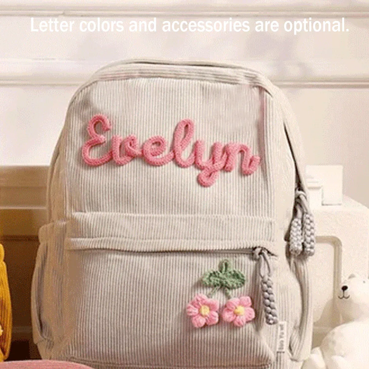 sacs à dos personnalisés en velours côtelé – sacs à dos brodés sur mesure, décorations florales/animalières, styles parent-enfant, sac pour sœur/frère