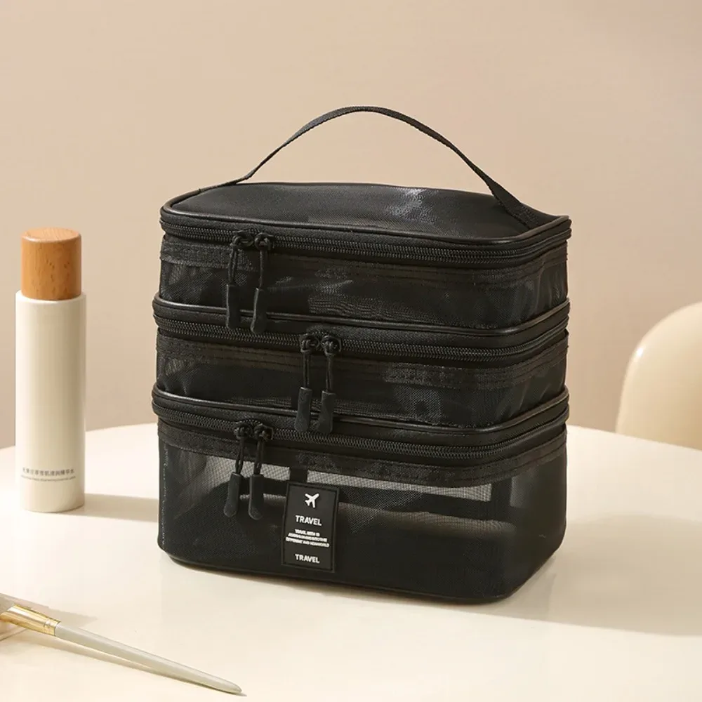 sacs à cosmétiques en maille à fermeture éclair, 1/2/3 couches, sac de rangement transparent à double couche, organisateur de produits de toilette multifonctionnel à main pour femmes