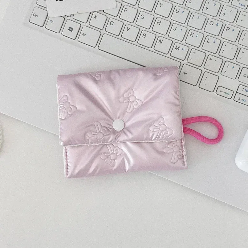 sac à cosmétiques matelassé coréen en pu avec nœud d'amour, pochette pour produits de soins de la peau, poche intérieure, sac de rangement multifonction pour maquillage et rouge à lèvres