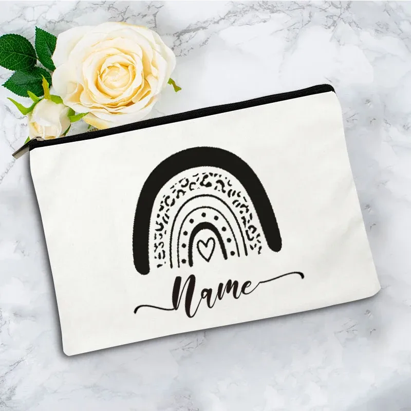 trousse de maquillage bohème arc-en-ciel personnalisée avec nom, trousse de toilette de voyage, cadeau d'anniversaire pour enseignant avec nom personnalisé