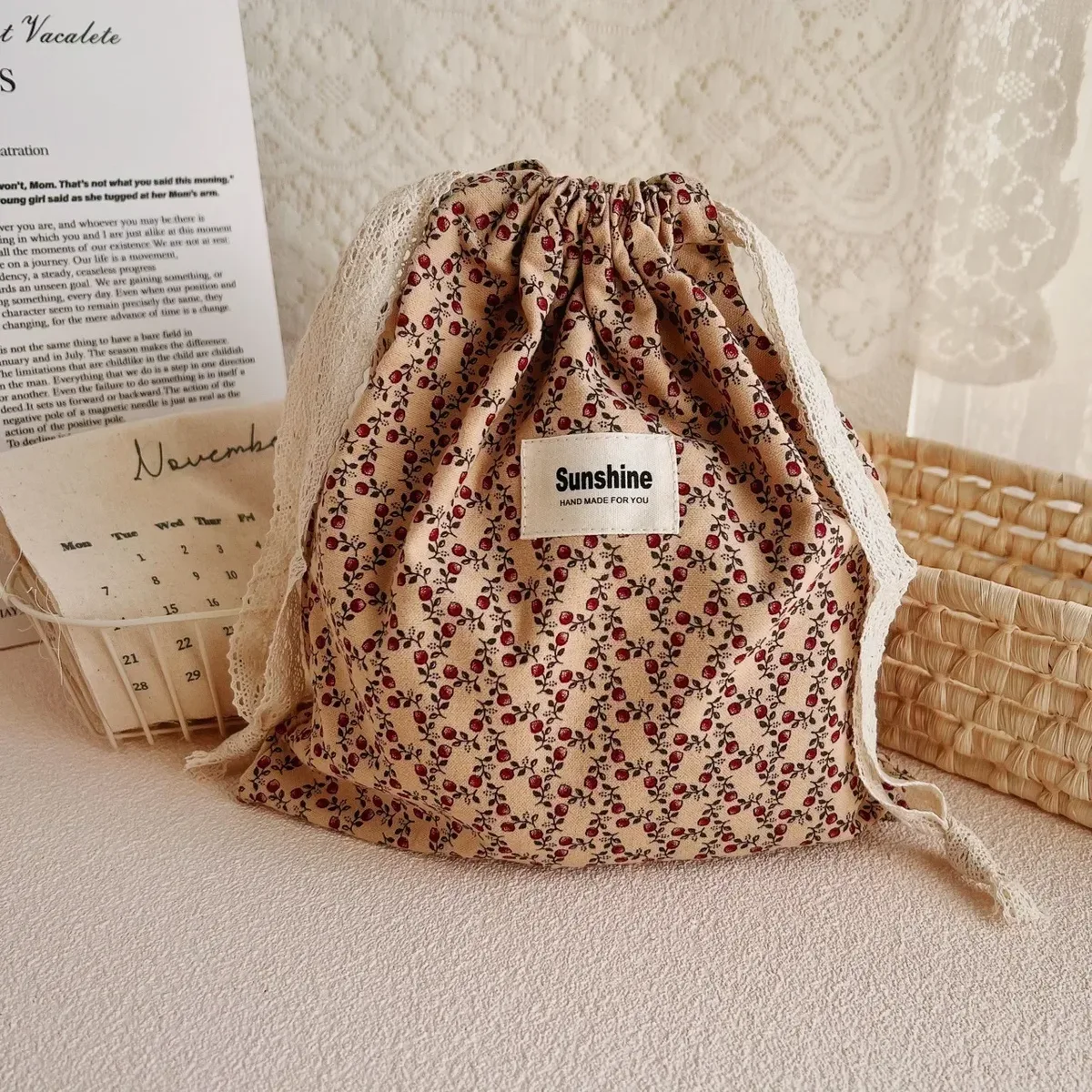 sac de rangement de voyage à proximité extérieure, sac de rangement classé, sacs à cosmétiques à fleurs imprimées, paquet de poche en ficelle de coton