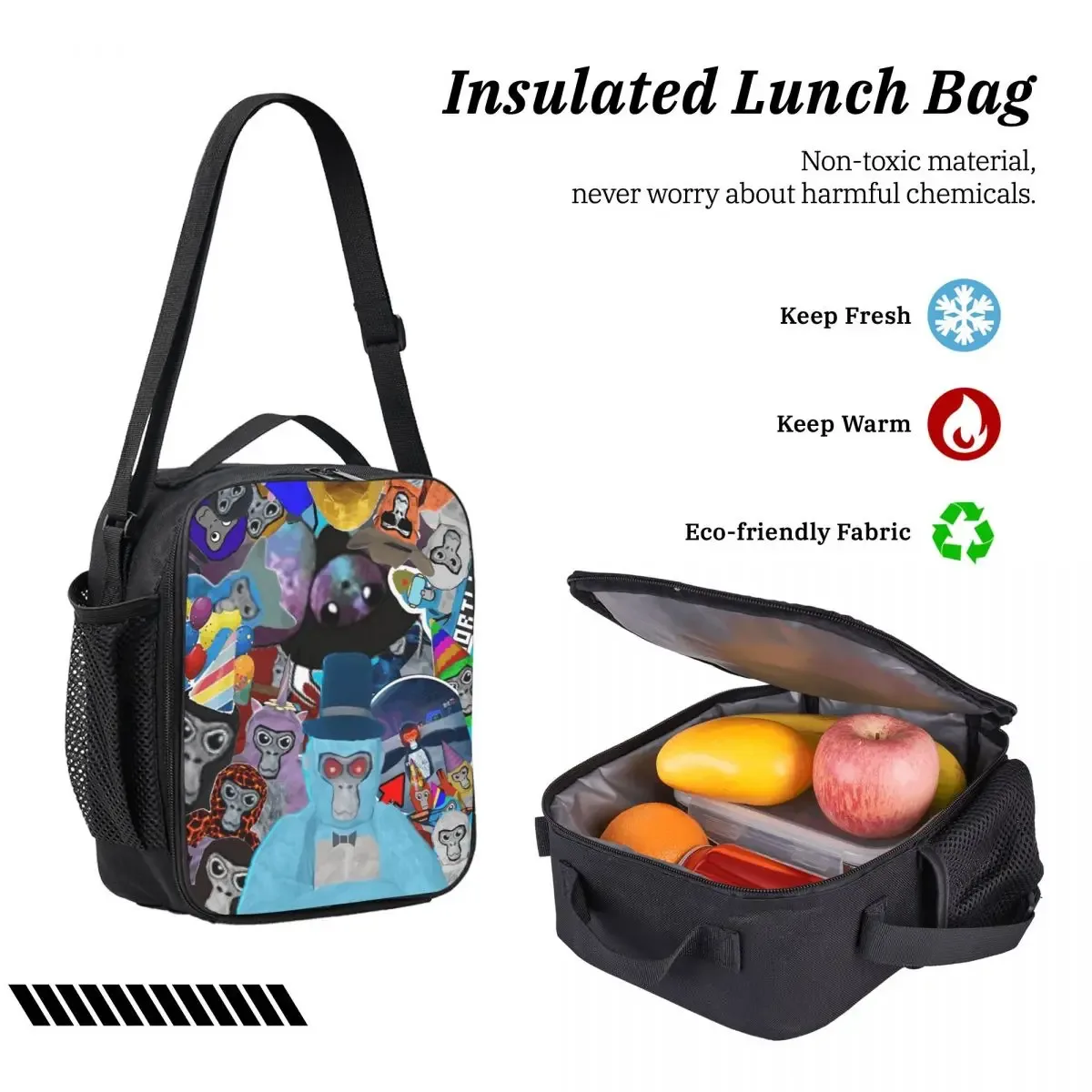 sac dos polyester motifs colorés pochette noire sac lunch lumineux transport jour usage voyage